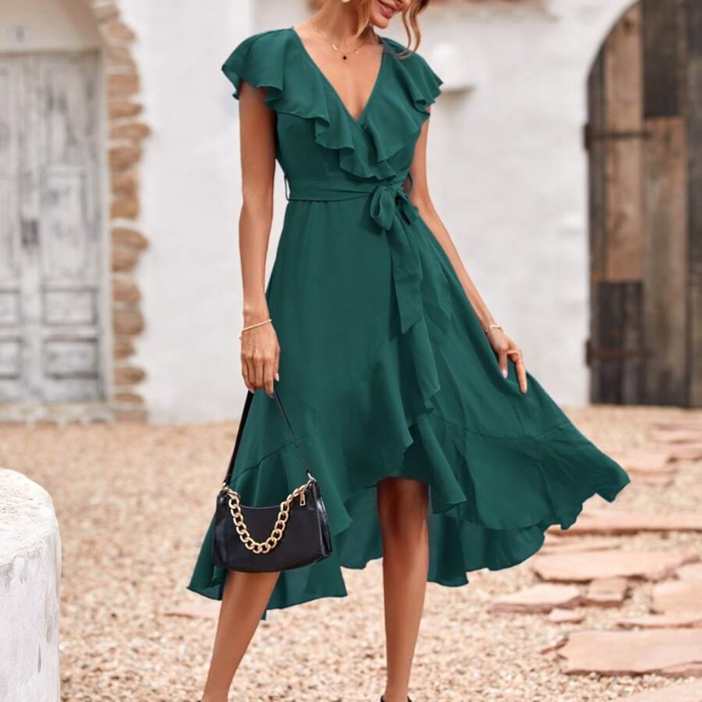 Boho Dusty Blue ruffle hem wrap belted Maxi Dress - Picture 3 of 12